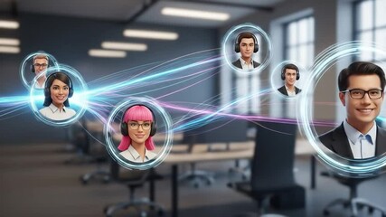 Digital avatars of diverse customer service representatives are interconnected by glowing lines in a modern office setting.  The image suggests a connected, global support team - Powered by Adobe