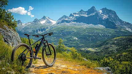 Mountain bike on scenic trail, alpine peaks