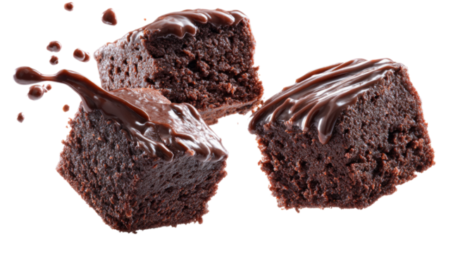 Three pieces of chocolate cake with chocolate drizzle