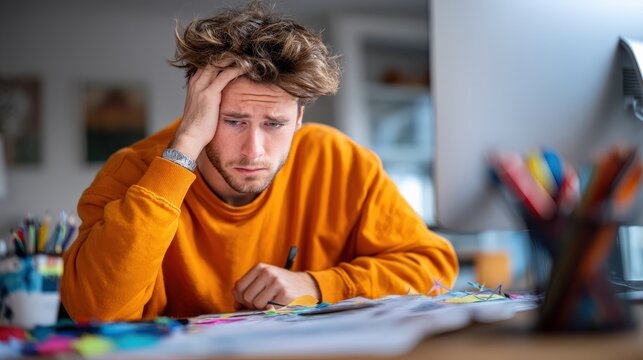 Young Man in Orange Sweater Feeling Stressed at Creative Workspace - Powered by Adobe