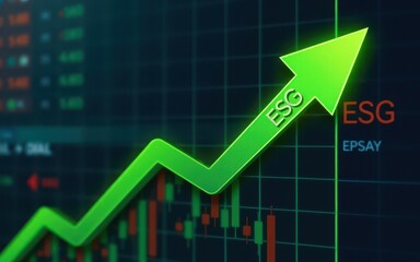 ESG investing growth concept. Graph showing upward trend in ESG performance metrics with green arrow and financial data backdrop.