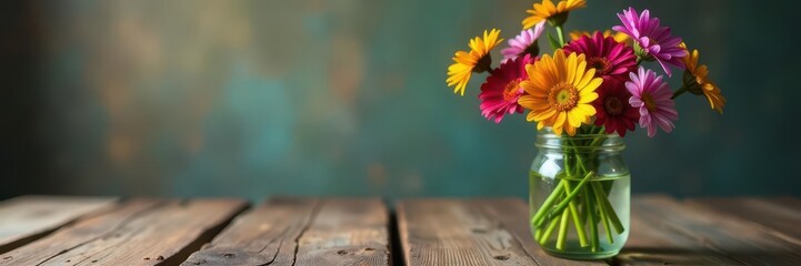 Rustic wooden table, wildflowers in mason jar, simple, flowers, rustic
