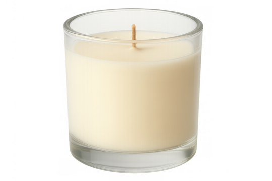 Close-up of an unlit scented candle in a clear glass jar, featuring a wooden wick, isolated on a transparent background