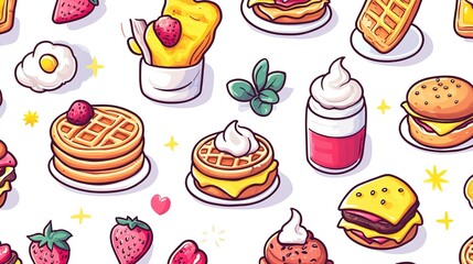 Cute cartoon breakfast illustration: Pancakes, waffles, burgers with suns and coffee mugs arranged aesthetically on white background. Simple line art for kids food packaging, menu designs, digital con