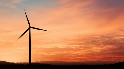 Wind turbine silhouette against vibrant sunset sky, symbolizing renewable energy and hope