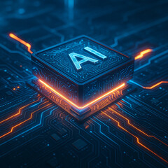 Futuristic AI Microchip on Glowing Blue Circuit Board
