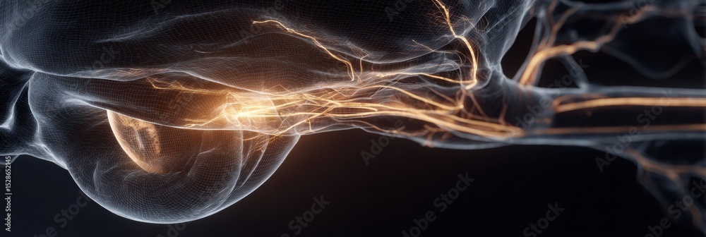 Poster 3D Rendering of Optic Nerve and Eye Anatomy With a Futuristic Glow Showcasing Detailed Neural Connections and Structure in a Clean Upper Margin Format