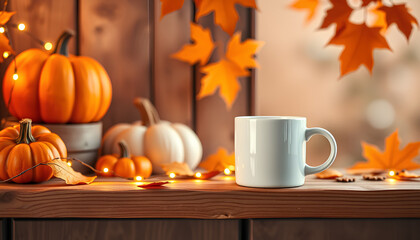 Cute mug mockup on a rustic wooden shelf with warm fairy lights, cozy autumn atmosphere