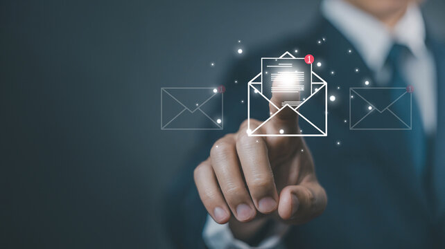 hand shows open mail newsletter notification. concept of correspondence, and news for campaign marketing. icon email, business communication, send information in a digital format