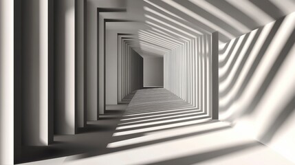 Abstract white architectural tunnel with light and shadow patterns.