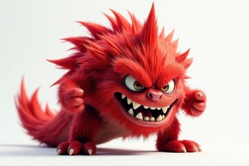 Tufted red monster, furious face, white backdrop, design, illustration