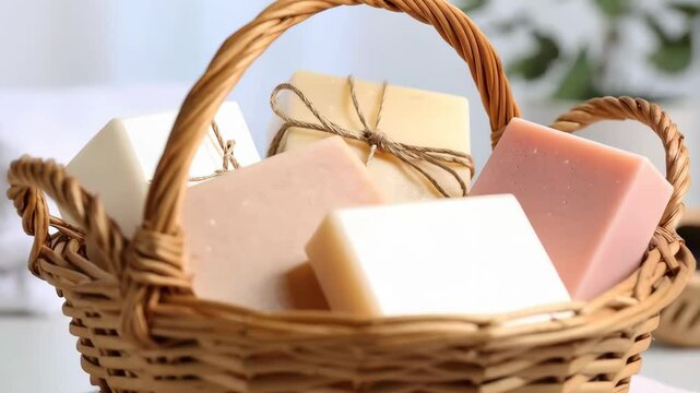 Artisanal soap bars displayed in a woven basket, offering a natural and organic skincare experience in a soft, spa-like setting