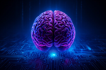 AI generated 3D brain glowing in blue pink and purple light placed above a circuit board symbolizing artificial intelligence data connection and advanced neural technology