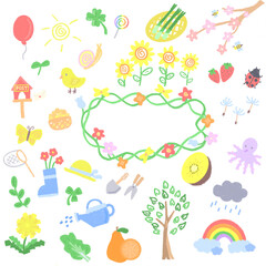 Pictures drawn with colorful colored pencils and crayons such as seasonal vectors, elements, fruits, plants, flowers, goods, garden and animal related to spring used to decorate a hand drawn diary 