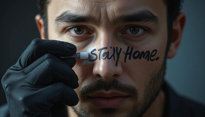 Man Writes 'stay Home' on Face with Marker, Gloved Hand Close Up