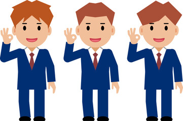 笑顔でOKサインを出す紺色スーツの若い男性