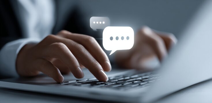 A person is typing on a laptop with a chat bubble on the screen