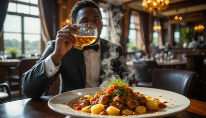 Man Enjoying Italian Dinner with Drink in Elegant Restaurant Setting