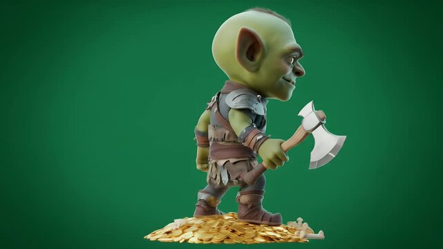 Charming Comical Goblin Character Idle Pose Holding Axe on Pile of Gold Coins Isolated on Green Screen 3D Render for Fantasy Game Assets and Visual Effects