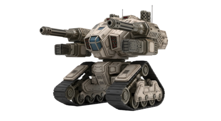 Digitally Rendered Military Tank with Armaments on Transparent Background in Tan Color and Mechanical Details