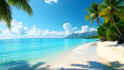 Tropical Paradise Beach with Crystal Blue Water and Palm Trees under Sunny Sky – Perfect Summer Getaway.