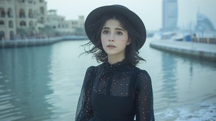  Beautiful Young Woman in Black Dress with Hat Walking Outdoors

