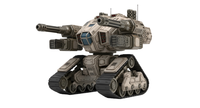 Digitally Rendered Military Tank with Armaments on Transparent Background in Tan Color and Mechanical Details