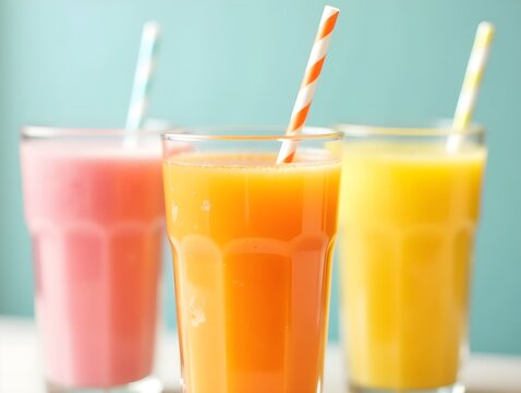 Colorful trio of refreshing summer smoothies with straw in vibrant pink, orange, and yellow
