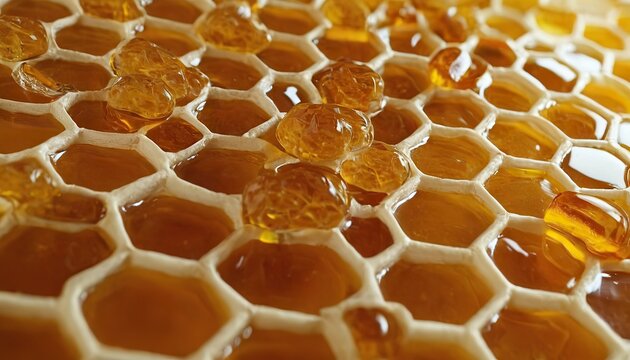 Closeup view of honeycomb filled with golden honey showcasing natural hexagonal cells reflecting light and creating visually appealing pattern nature bees or organic sweeteners
