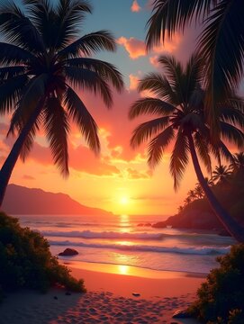 Tropical sunset over a serene beach with swaying palm trees