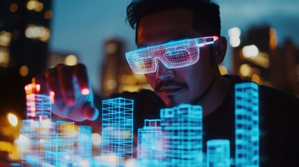Man using AR glasses to design a futuristic city at night.