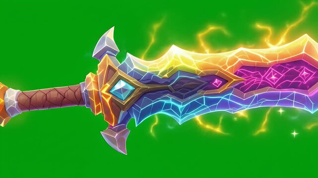 Colorful Magical Sword Isolated on Green Screen for Visual Effects and RPGs A Detailed Game Asset with Enchanted Lightning and Sparkle Effects