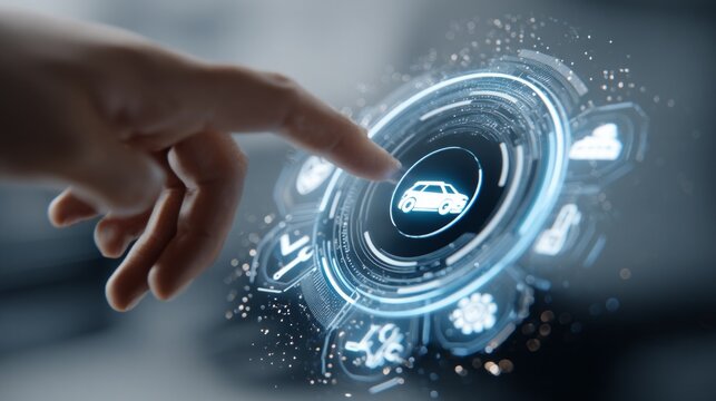A hand is pointing to a car icon on a screen