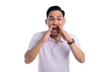 Young man shouting with hands around mouth making announcement isolated on transparent background
