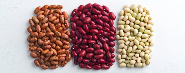 Three piles of different colored beans-brown speckled, red, and white-arranged side by side on a white surface.