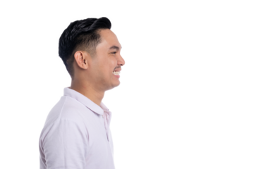 Side profile of smiling young man looking forward with positive expression isolated on transparent background