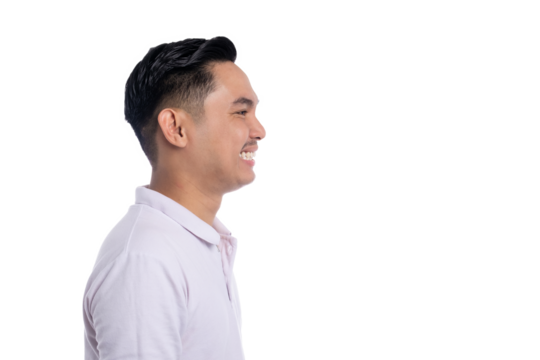 Side profile of smiling young man looking forward with positive expression isolated on transparent background