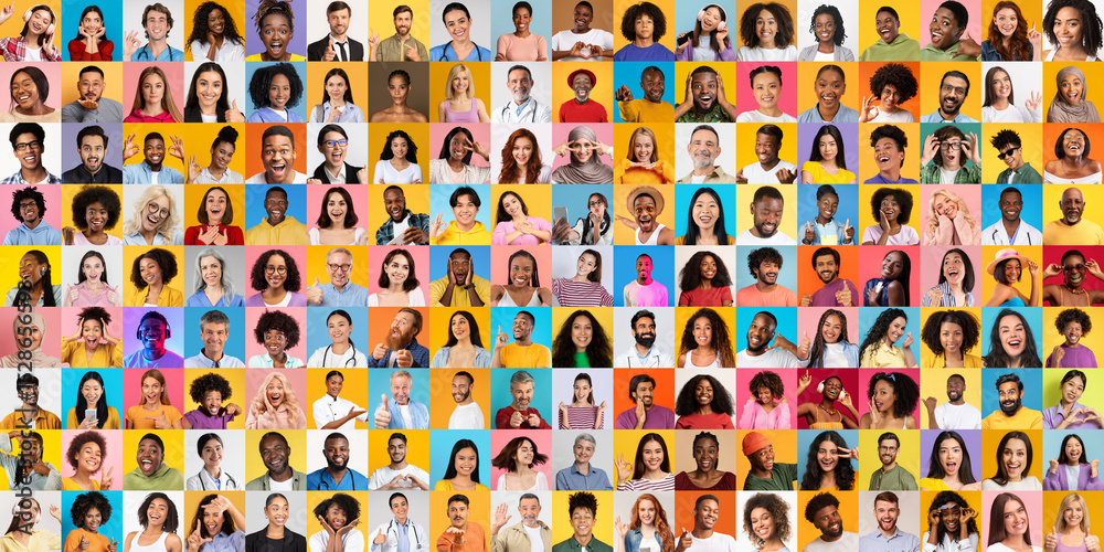 Aufkleber A vibrant collage features an array of diverse individuals representing various cultures and backgrounds. Each portrait expresses joy and connection