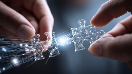 Two hands holding a puzzle piece with a network of lines