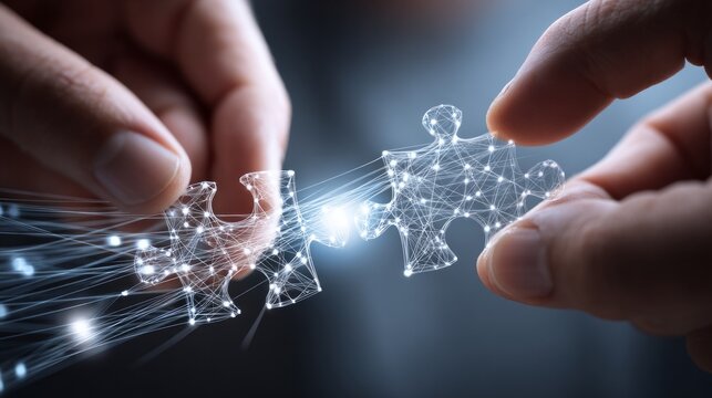 Two hands holding a puzzle piece with a network of lines