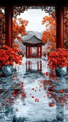 Serene Autumnal Garden Red Azaleas and Pagoda in a Tranquil Setting