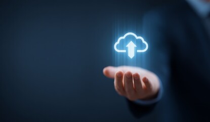 A person is holding a hand up to a cloud symbol