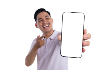 Happy young man pointing at smartphone with blank white screen for advertising or app presentation isolated on transparent background