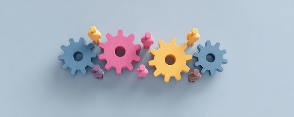 Colorful Gears and Figurines Symbolizing Teamwork and Collaboration in Business Concept