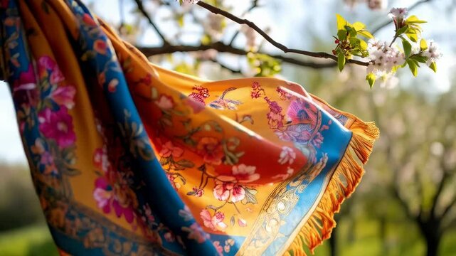 Elegant floral patterned scarf draped on a tree branch with spring blossom background, golden yellow and blue fabric with fringe texture, sunlight