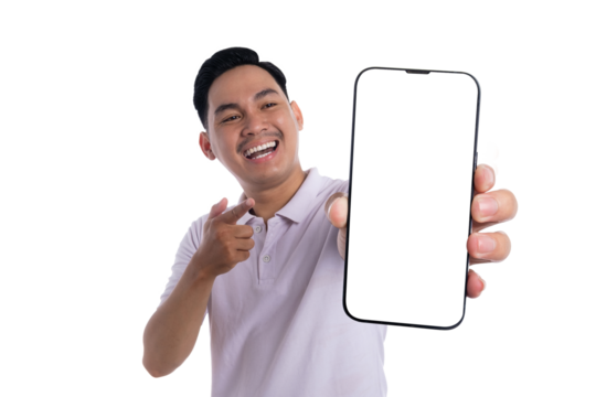 Happy young man pointing at smartphone with blank white screen for advertising or app presentation isolated on transparent background - Powered by Adobe