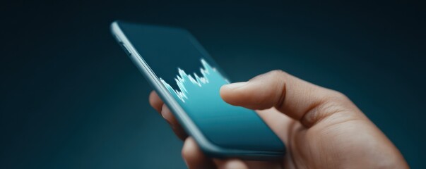 Close-up of Hand Holding Smartphone Displaying Data Insights with Vibrant Waveforms on Screen