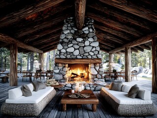 Rustic Mountain Lodge Fireplace Cozy Cabin Retreat Design