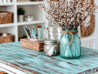 Rustic Chic Home Decor Teal Table with Dried Flowers and Beauty Tools
