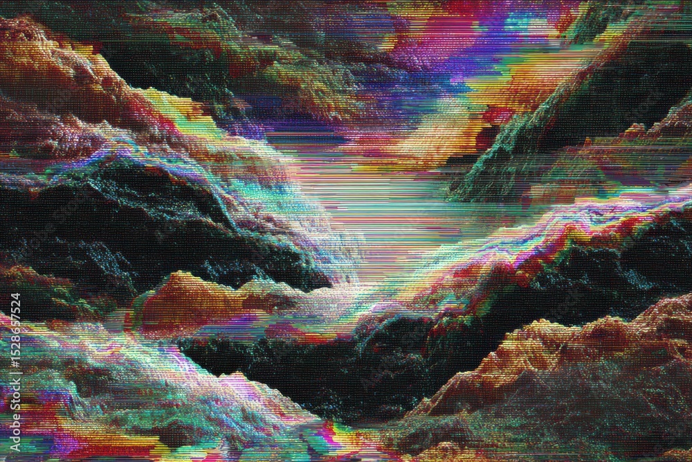 Aufkleber Glitching Abstract AI Neural Network Displaying Chaotic Patterns With Vibrant Colors and Distorted Forms